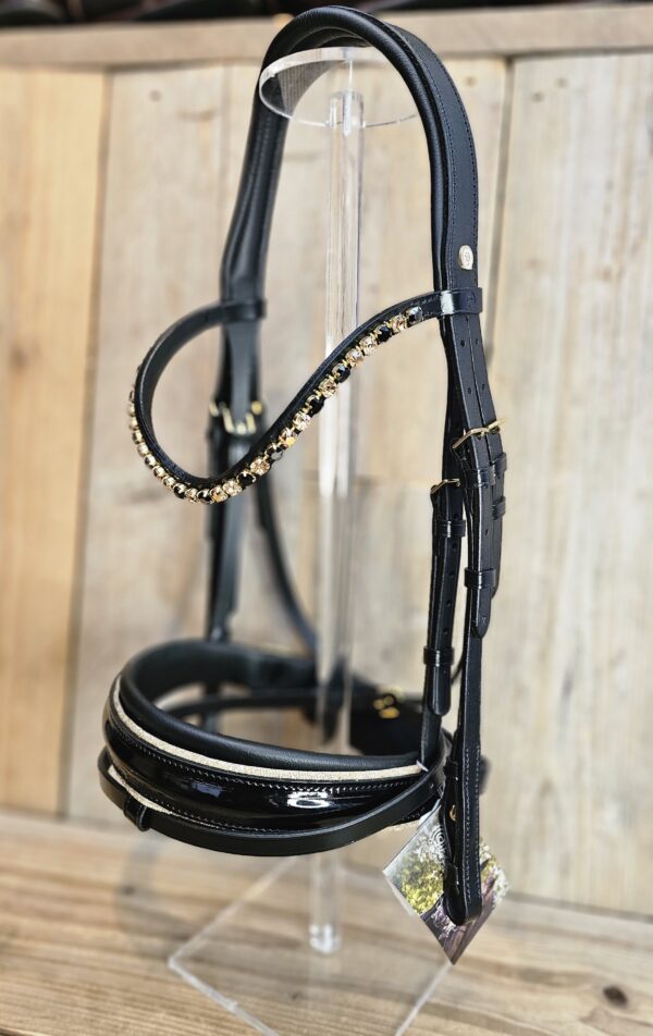 Otto Schumacher Bridle BIG patent noseband Swarovski Gold(with reins) - Afbeelding 2
