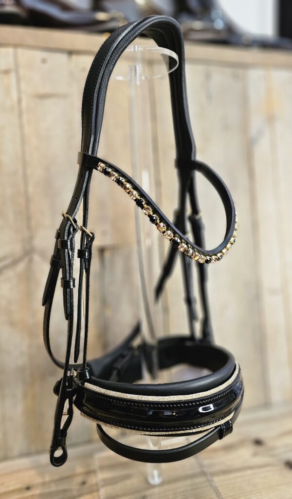 Otto Schumacher Bridle BIG patent noseband Swarovski Gold(with reins)