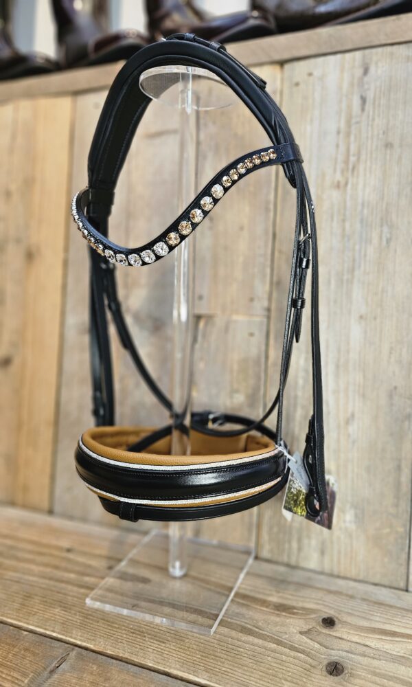Otto Schumacher Bridle Black Caramel padding Swarovski Gold(with reins) - Afbeelding 2