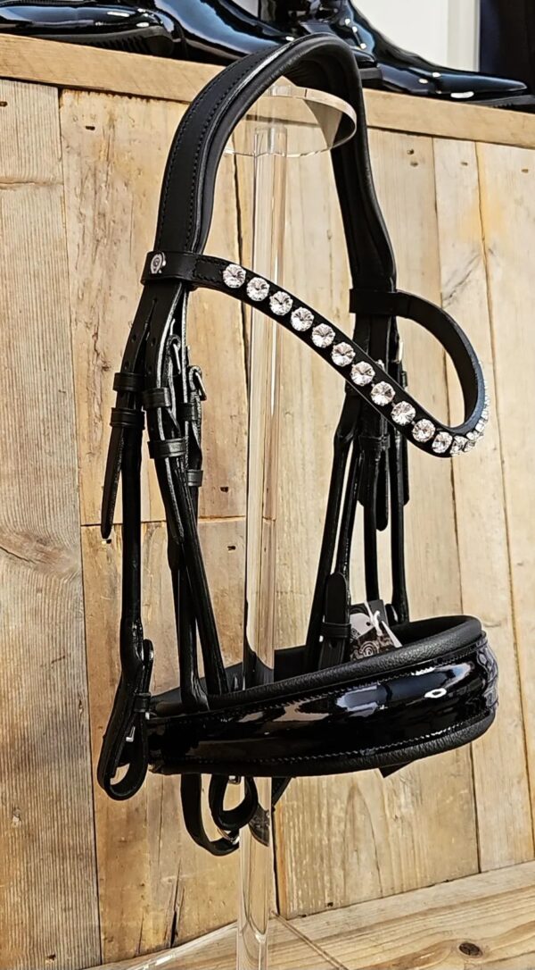 Otto Schumacher Roundstyled Double Bridle/ Black Padding Patent Noseband,Browband Rivoli 10mm