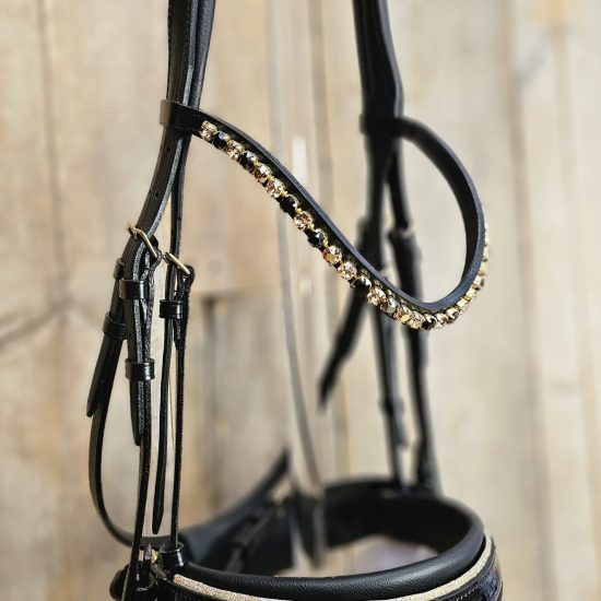 otto schumacher bridle black gold patent and gold swarovski