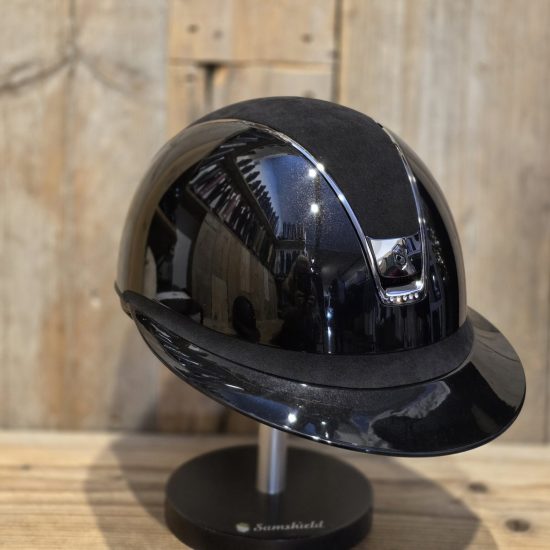 samshield miss shield glossy black alcantara top frontal band swarovski zilver chrome blazon en trim